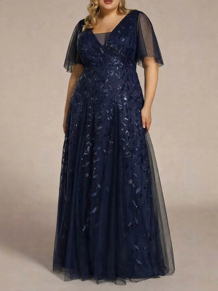Navy Blue Sequin Leaf Pattern Tulle Maxi Dress XL size - photo 3