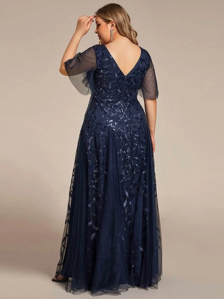 Navy Blue Sequin Leaf Pattern Tulle Maxi Dress XL size - photo 4