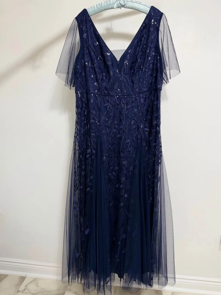 Navy Blue Sequin Leaf Pattern Tulle Maxi Dress XL size - photo 5