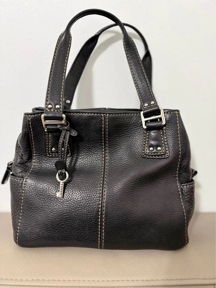 Fossil Black Leather Satchel Handbag Silver Hardware