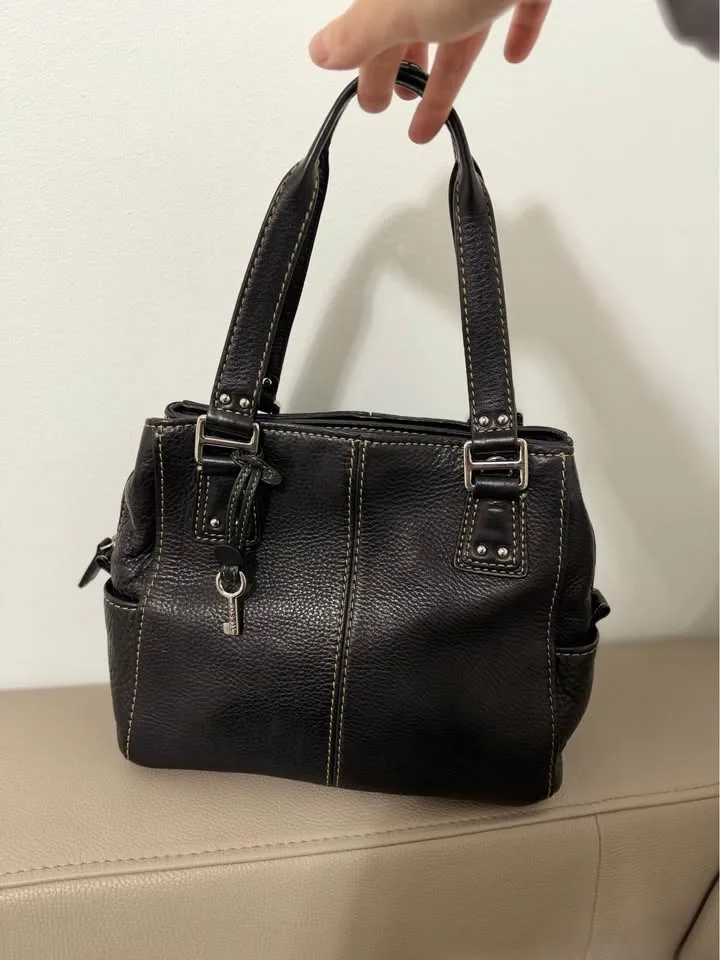Fossil Black Leather Satchel Handbag Silver Hardware - photo 2