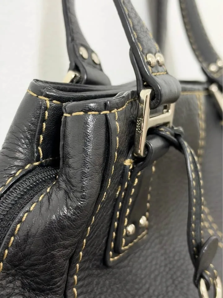 Fossil Black Leather Satchel Handbag Silver Hardware - photo 3