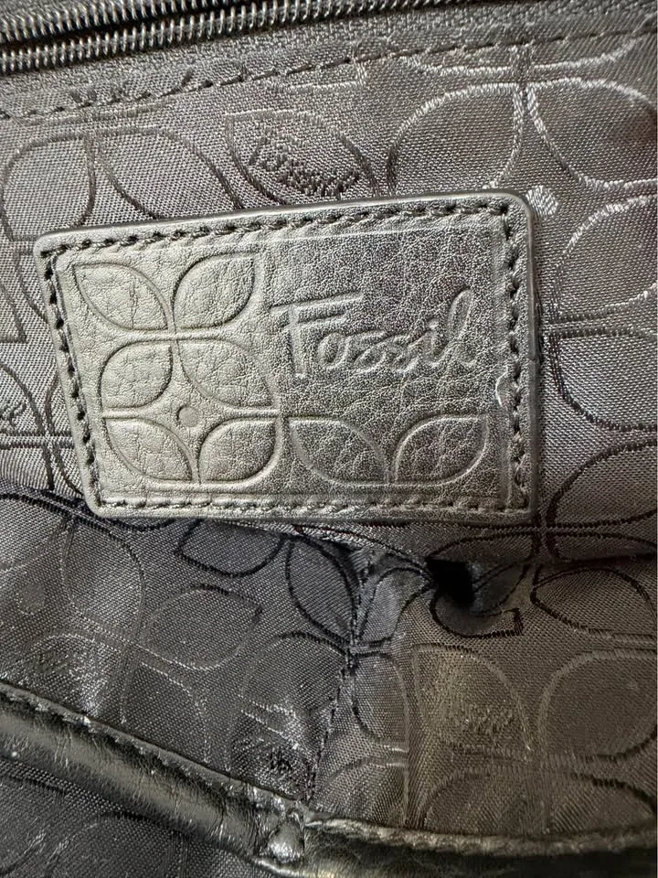 Fossil Black Leather Satchel Handbag Silver Hardware - photo 4