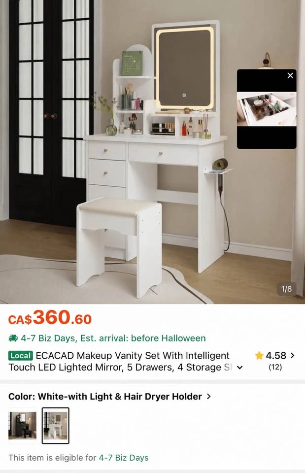 Brand New White Makeup Vanity Set with LED Mirror & Stool - photo 5