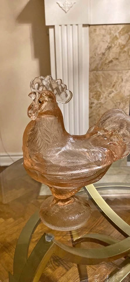 Vintage Westmoreland Pink Glass Rooster Covered Dish
