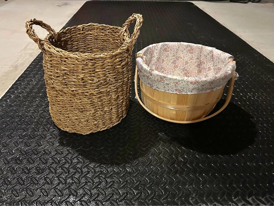 Woven Seagrass and Wooden Floral Lined Baskets set of 2
