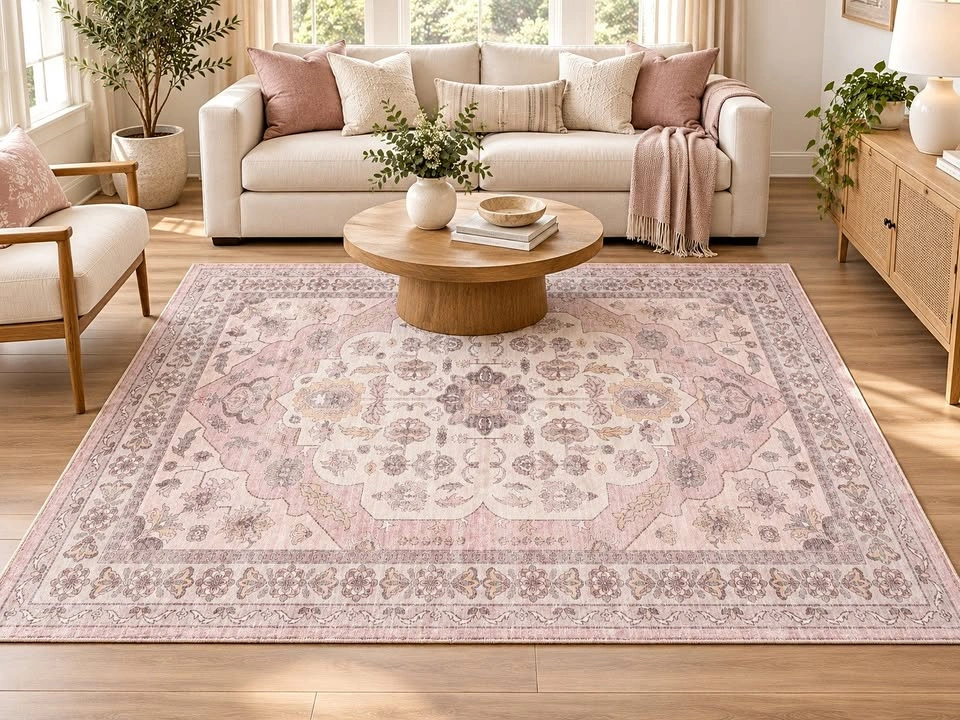 New 5x7 Medallion Persian Vintage Style Rug – Dust Pink