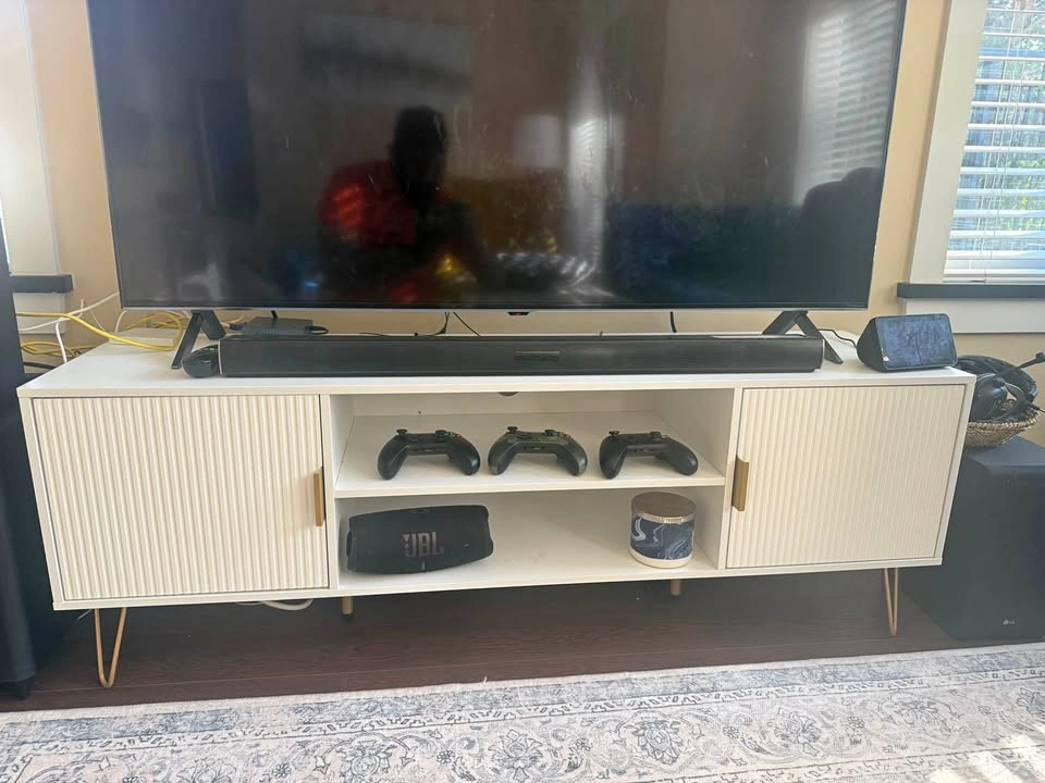 White Fluted TV Stand with Gold Hairpin Legs