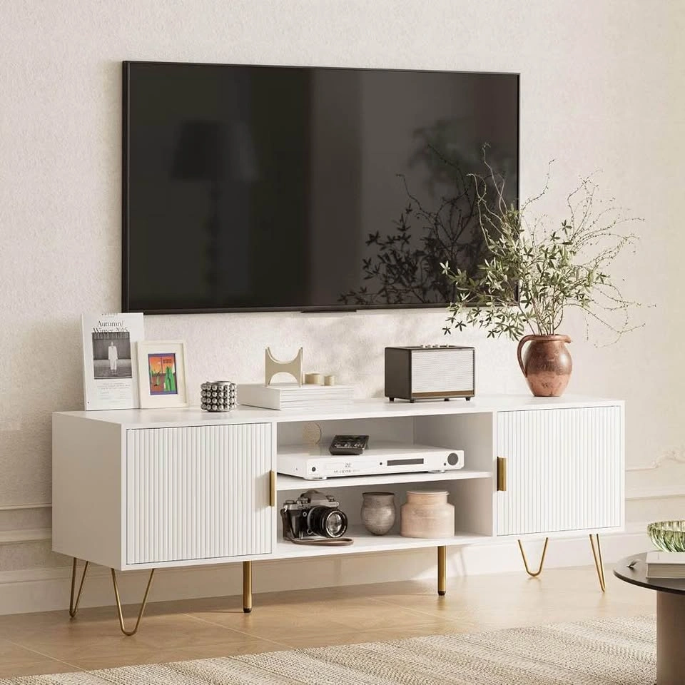 White Fluted TV Stand with Gold Hairpin Legs - photo 2