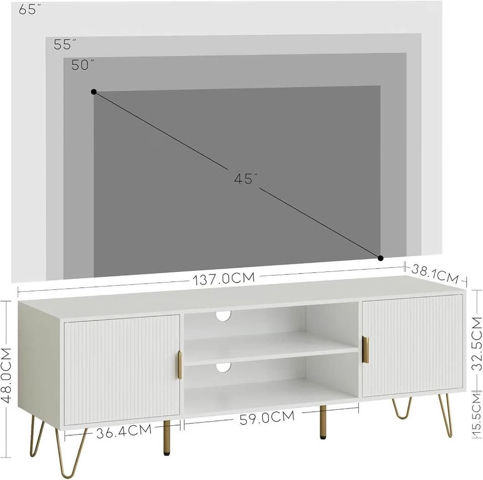 White Fluted TV Stand with Gold Hairpin Legs - photo 3