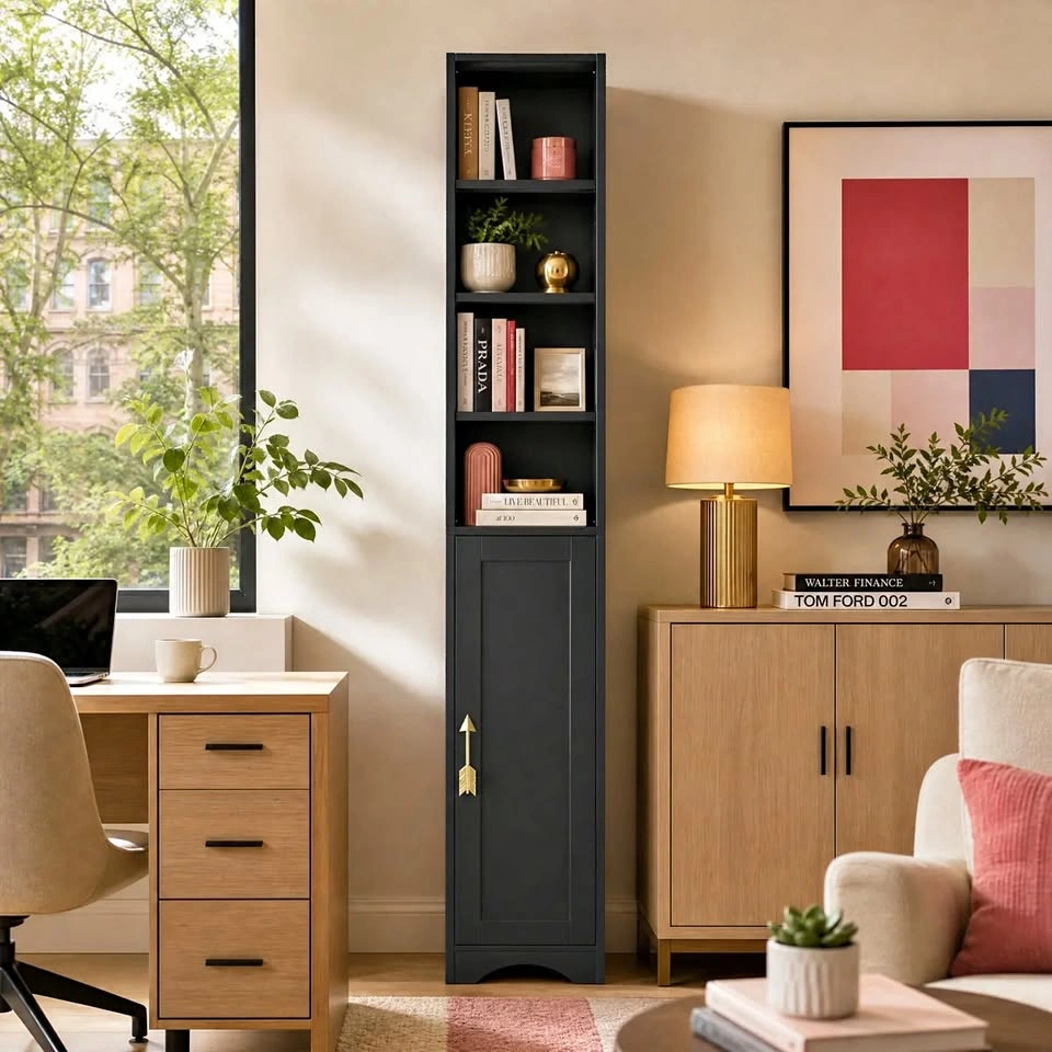71" Tall Narrow Bookcase with Storage Cabinet