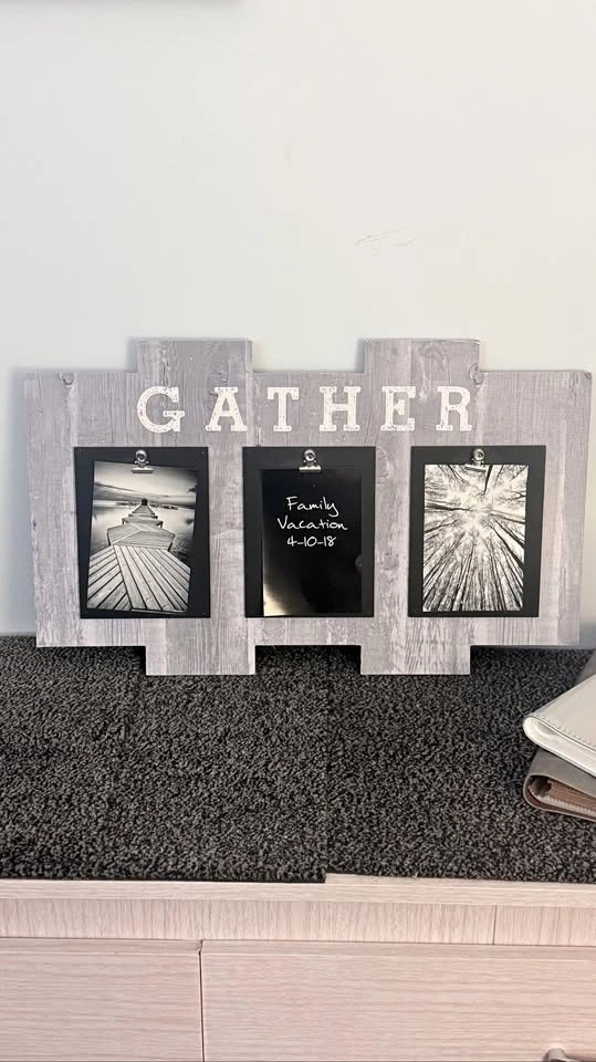 Rustic GATHER Wooden Photo Display Board — 3 Clip Frames