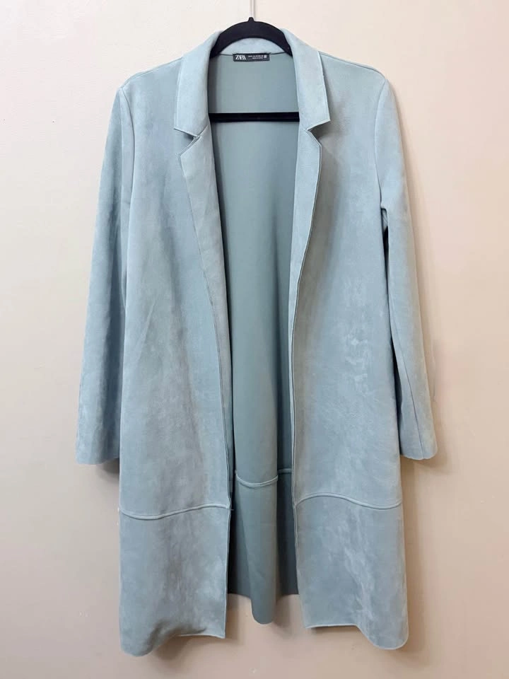 ZARA Blue Faux Suede Long Duster Coat Jacket Medium