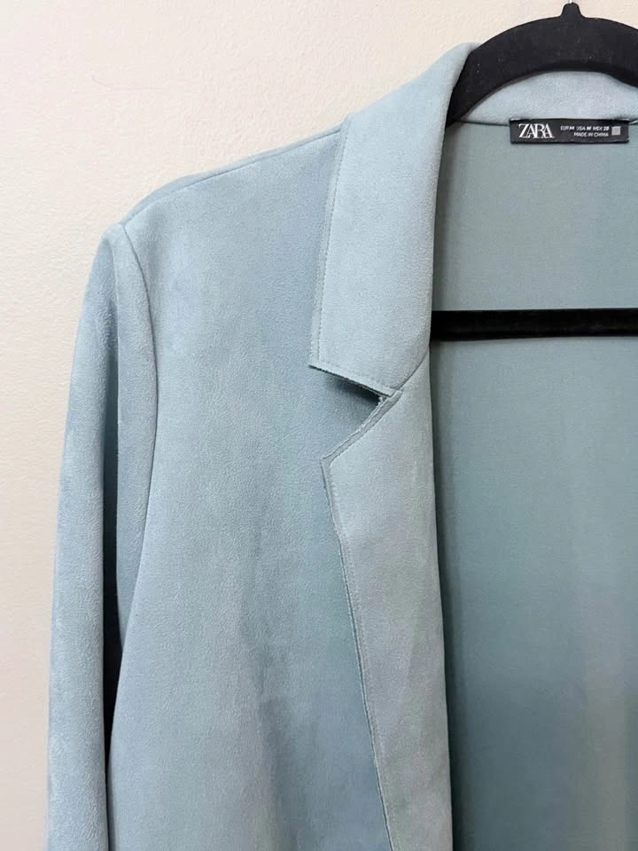 ZARA Blue Faux Suede Long Duster Coat Jacket Medium - photo 3