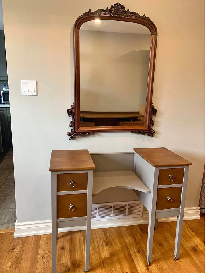 Refinished Vintage Walnut Wood Vanity & Victorian Chair