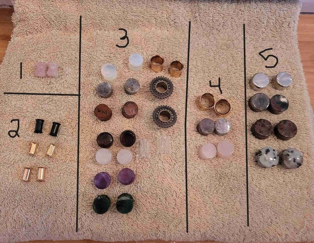 Earrings/plugs for stretched ears (various sizes and materials)