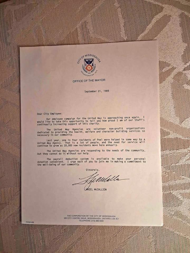 Vintage 1989 Mississauga Mayor Hazel McCallion Letter