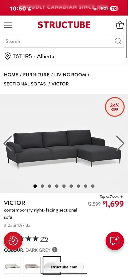 Structube Victor Contemporary Right-Facing Sectional Sofa
