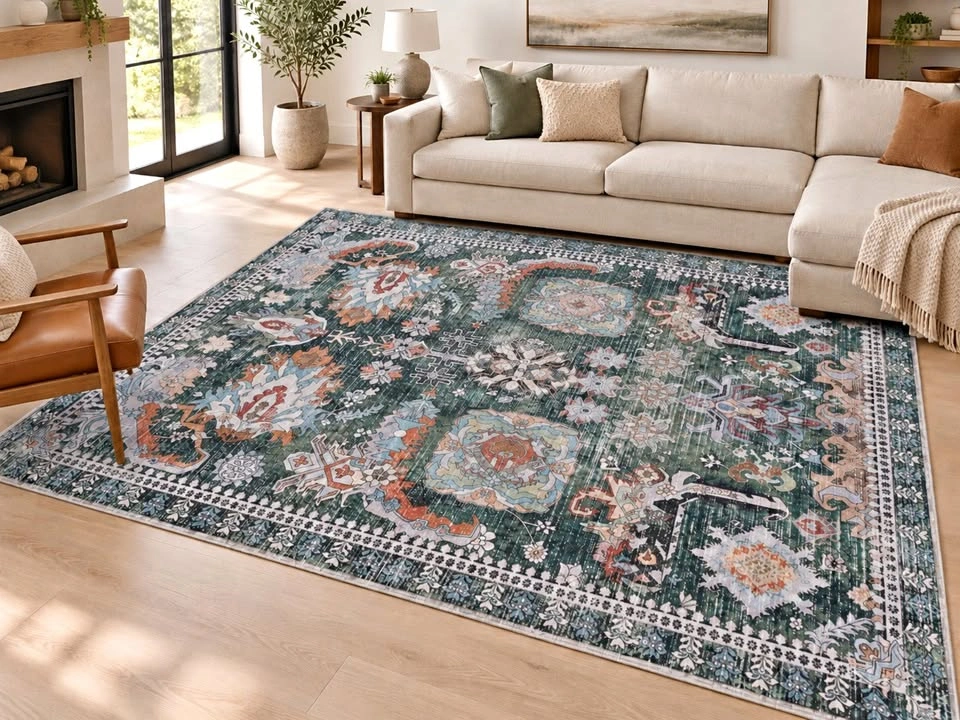 New 8x10 Washable Area Rug – Green Vintage Persian Style