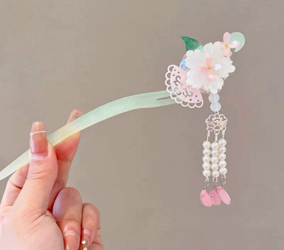 Floral Tassel Hair Stick with Faux Pearls