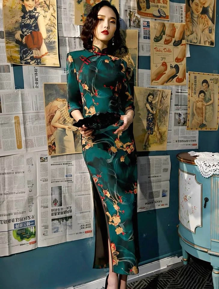 Teal Floral Silk Cheongsam Qipao Dress size S