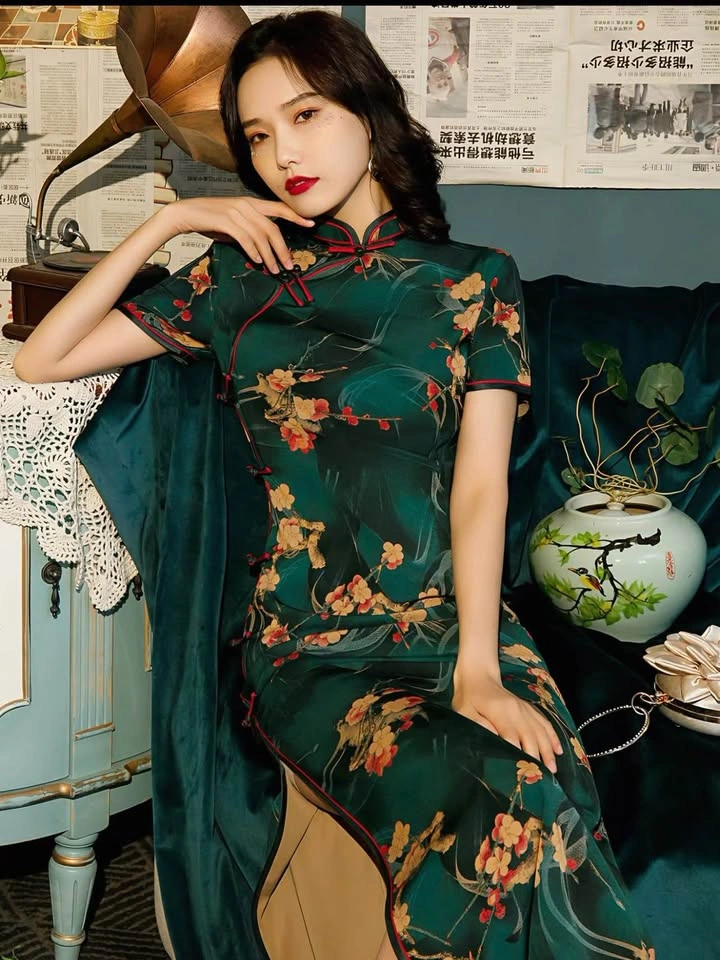 Teal Floral Silk Cheongsam Qipao Dress size S - photo 2