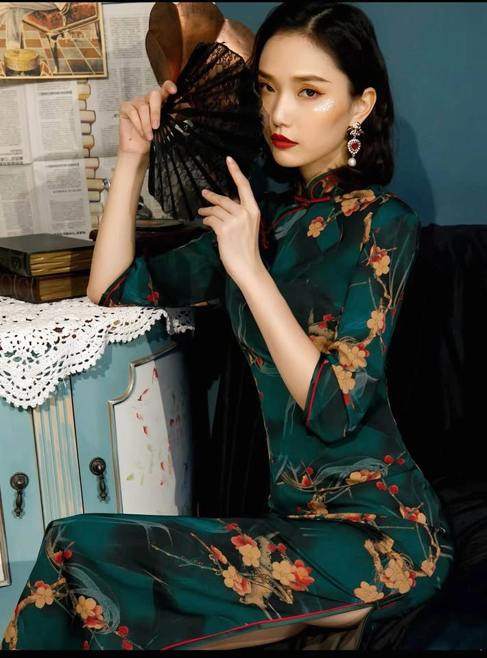 Teal Floral Silk Cheongsam Qipao Dress size S - photo 3
