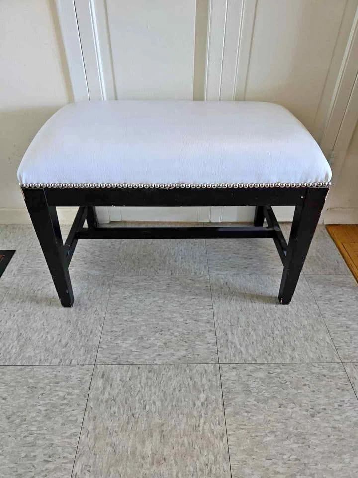 White Upholstered Vanity Bench with Black Wooden Legs