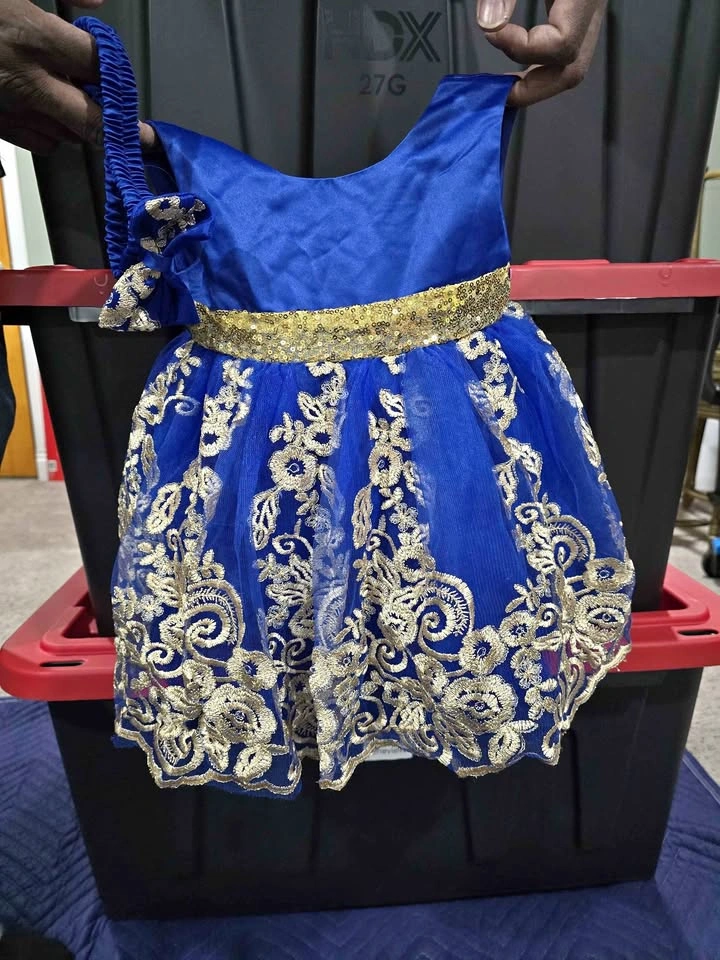Royal Blue Baby Girl Dress with Gold Lace and Sequins