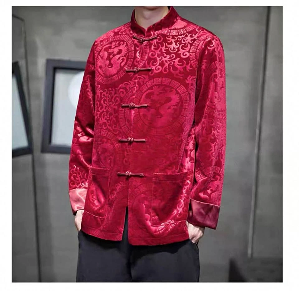Men's Red Dragon Pattern Tang Suit Jacket (M-L)
