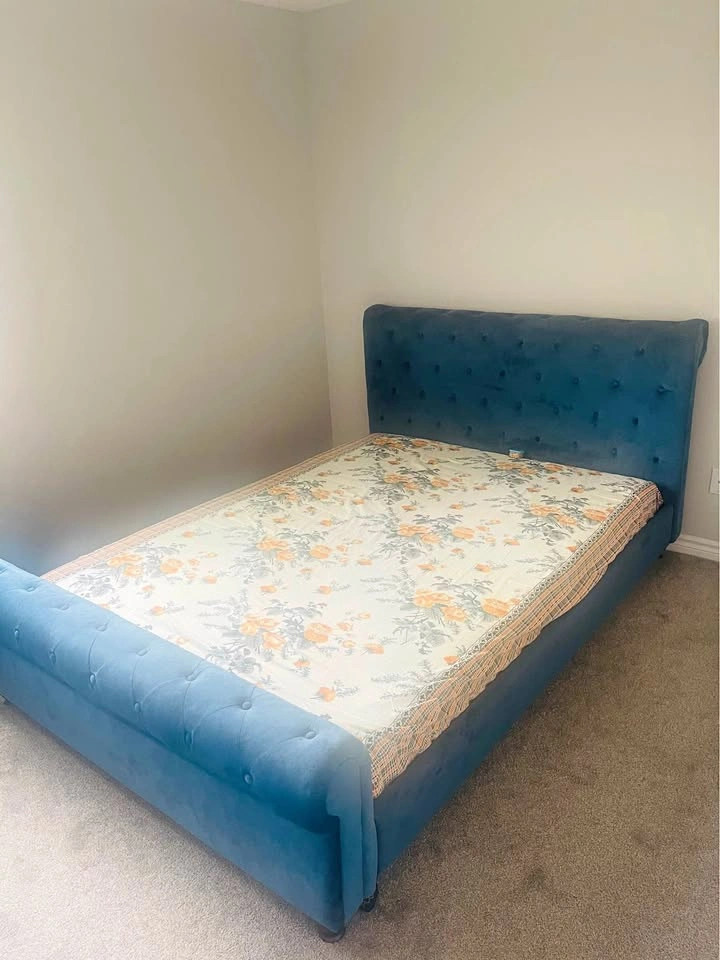 Blue Velvet Queen Sleigh Bed Frame