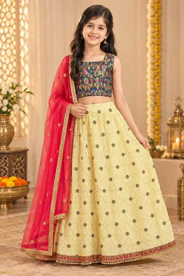 Yellow Chaniya Choli with Teal Blouse for Girls (Age 9-13)