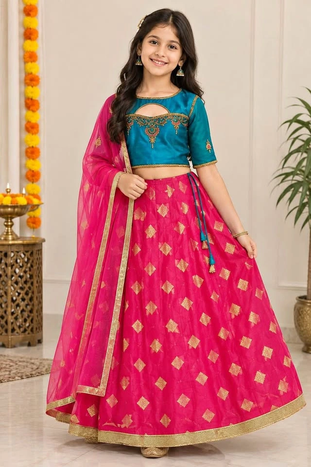 Pink & Gold Chaniya Choli with Teal Blue Blouse (Age 9-12)