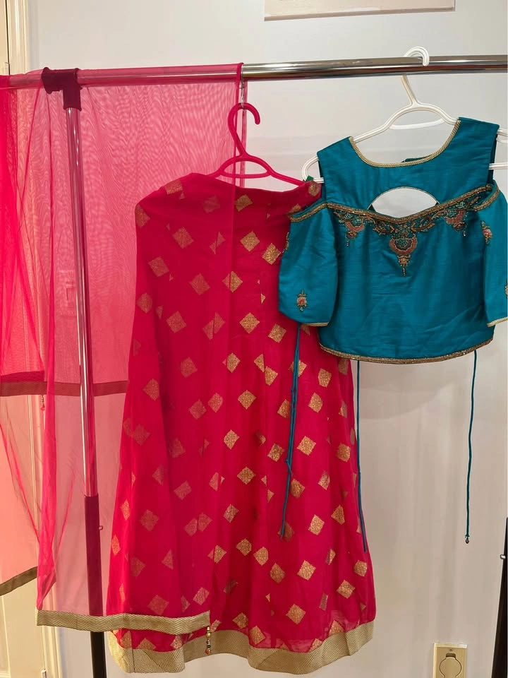 Pink & Gold Chaniya Choli with Teal Blue Blouse (Age 9-12) - photo 2