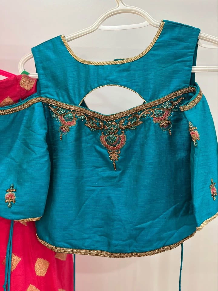 Pink & Gold Chaniya Choli with Teal Blue Blouse (Age 9-12) - photo 3