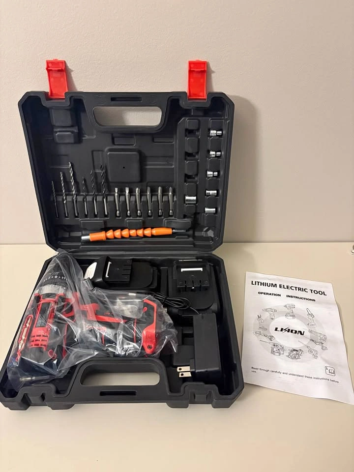Electric cordless portable drill set with 2 batteries, bits and