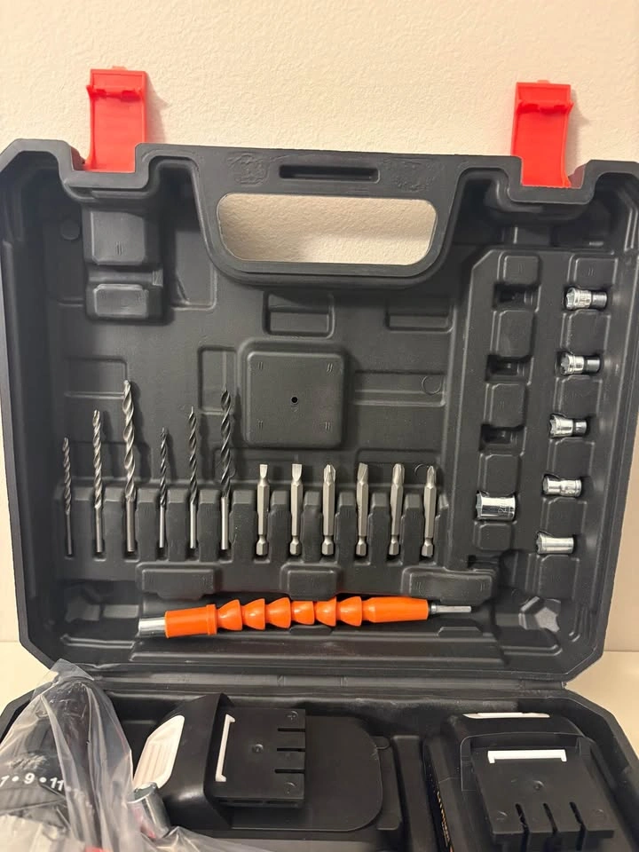 Electric cordless portable drill set with 2 batteries, bits and - photo 4