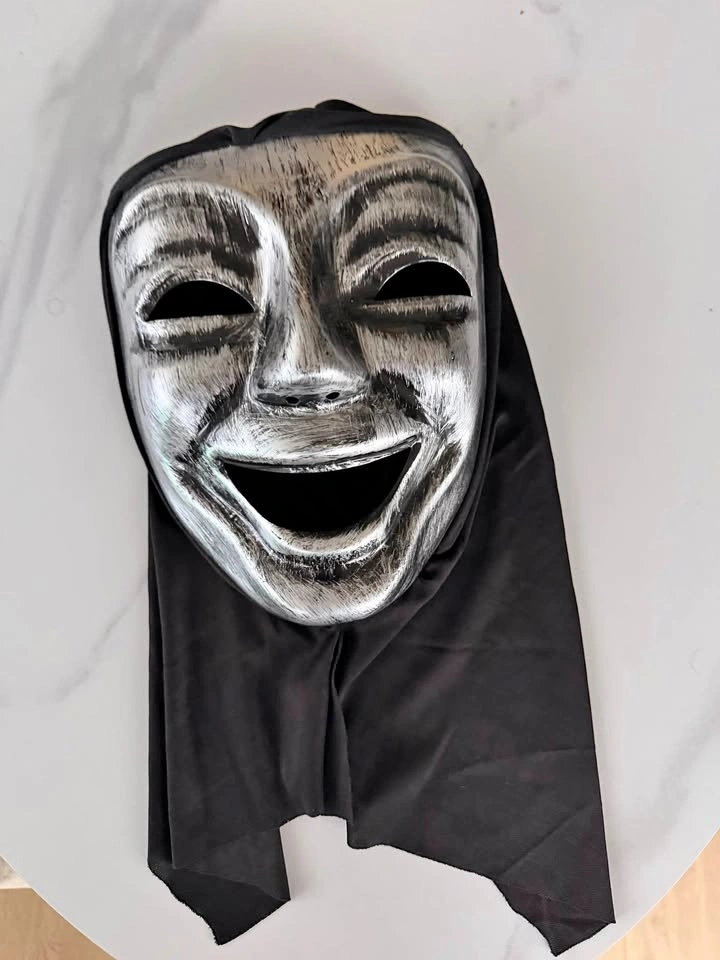 Halloween Silver Smiling Face Mask with Black Hood