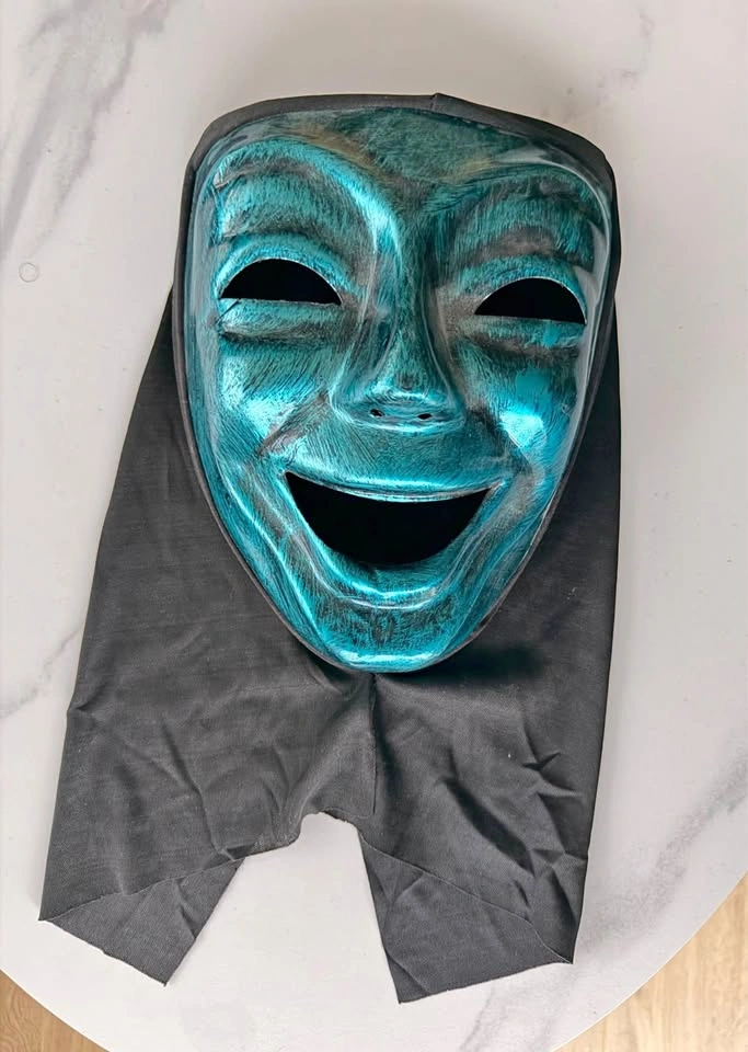 🎃 Halloween 👻 Teal Metallic Comedy Mask with Black Hood