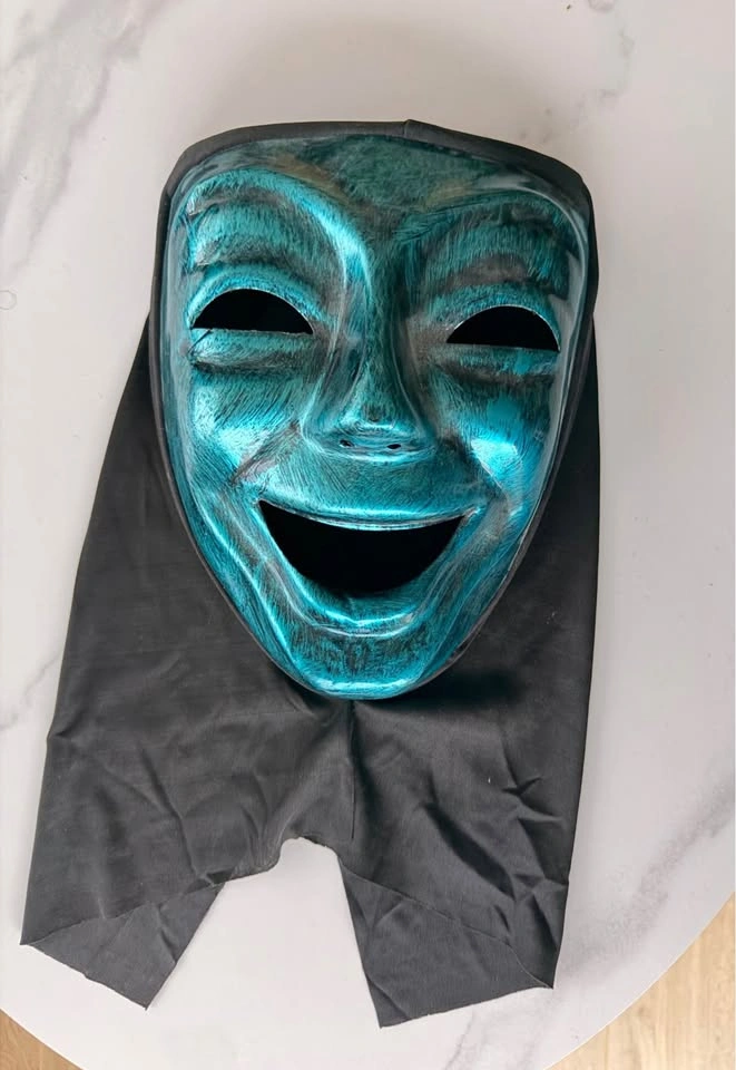 🎃 Halloween 👻 Teal Metallic Comedy Mask with Black Hood - photo 2