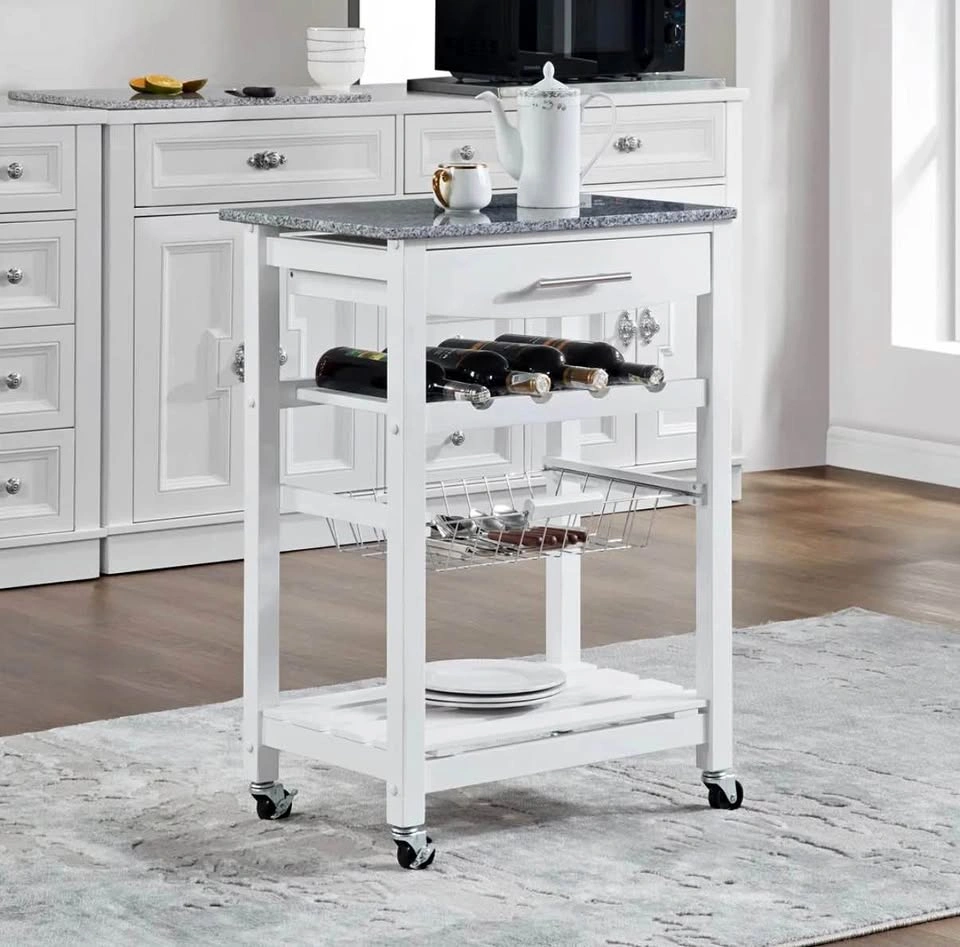 White Kitchen Cart with Granite Top and Wine Rack