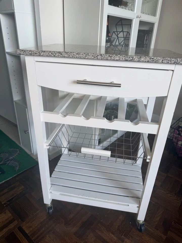 White Kitchen Cart with Granite Top and Wine Rack - photo 2