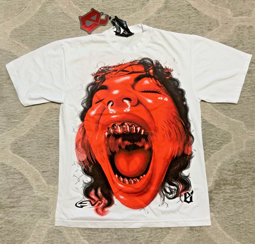 Men’s M White Cotton Knit Double-Sided Graphic Print Crew Neck T