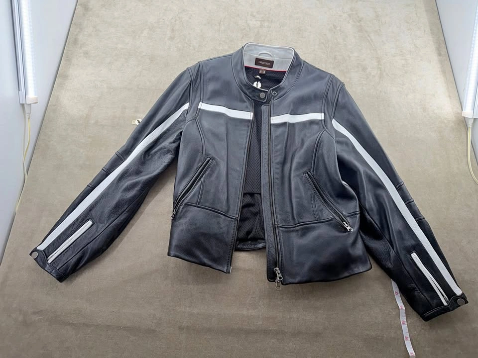 Danier Black Leather Jacket with White Stripes - Size Large