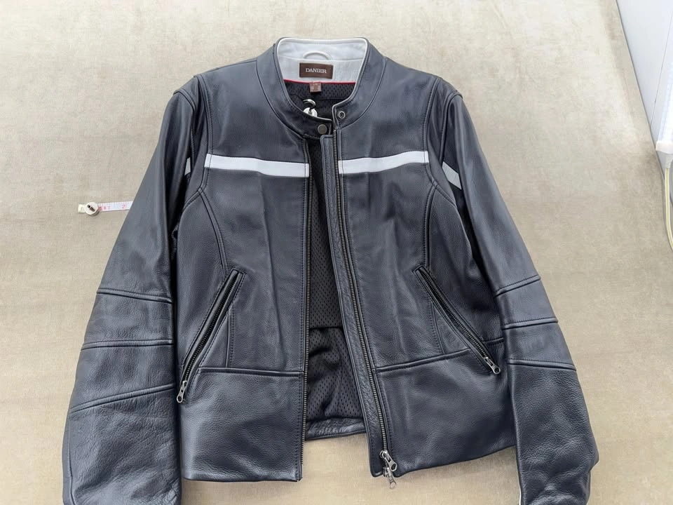 Danier Black Leather Jacket with White Stripes - Size Large - photo 2