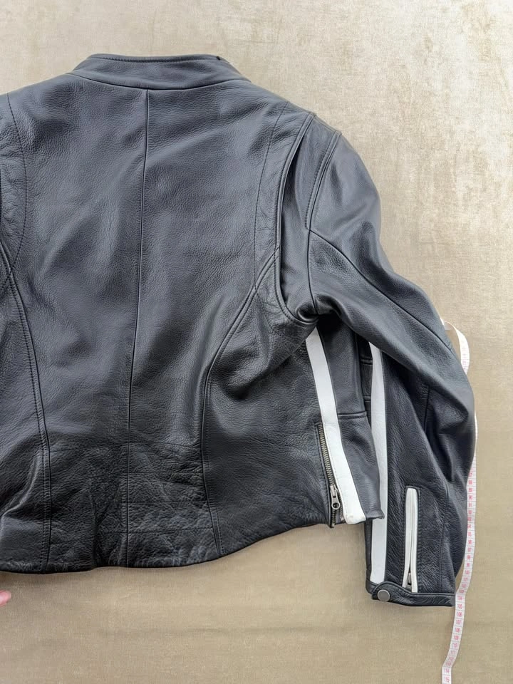 Danier Black Leather Jacket with White Stripes - Size Large - photo 5