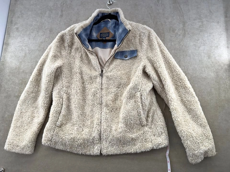 Pendleton Cream Sherpa Zip Jacket with Blue Plaid Trim - Large