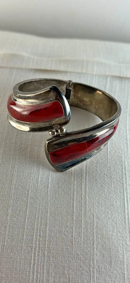 Vintage Mid-Century Mexican Modernist .925 Silver Jasper Cuff