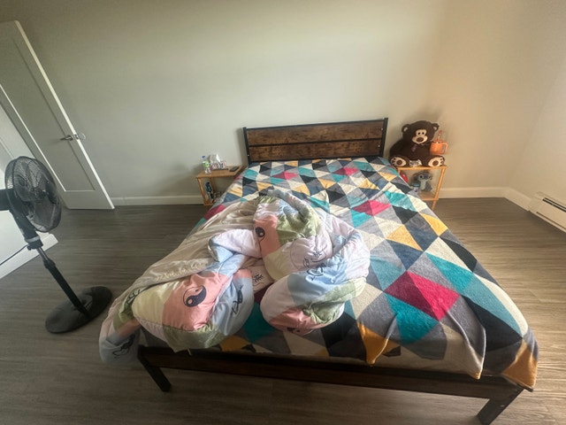 Queen Bed Frame with Nightstands and Westinghouse Fan