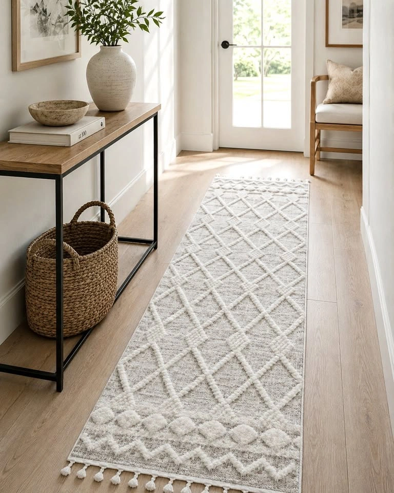 New 2x8 Cream & White Boho Hallway Runner Rug